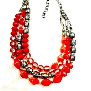 Ruby Rd. Necklace w/Reddish Orange, Clear and Silver Beads on Silver Cha…